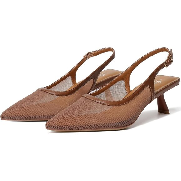 Mostrin Kitten Heel Brown Mesh Low Slingback Heels with Buckle Dress Shoes - Picture 9 of 9